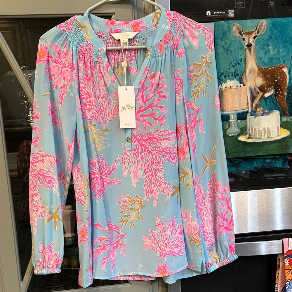 Lilly Pulitzer Elsa Silk Royal Coral Blouse in Blue and Pink XS NWT